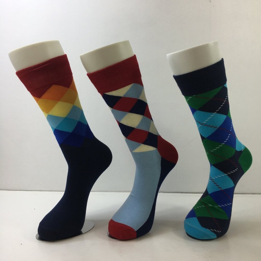 Mens Crew Socks Set 3 Argyle Pattern Blue Red Orange Cream
